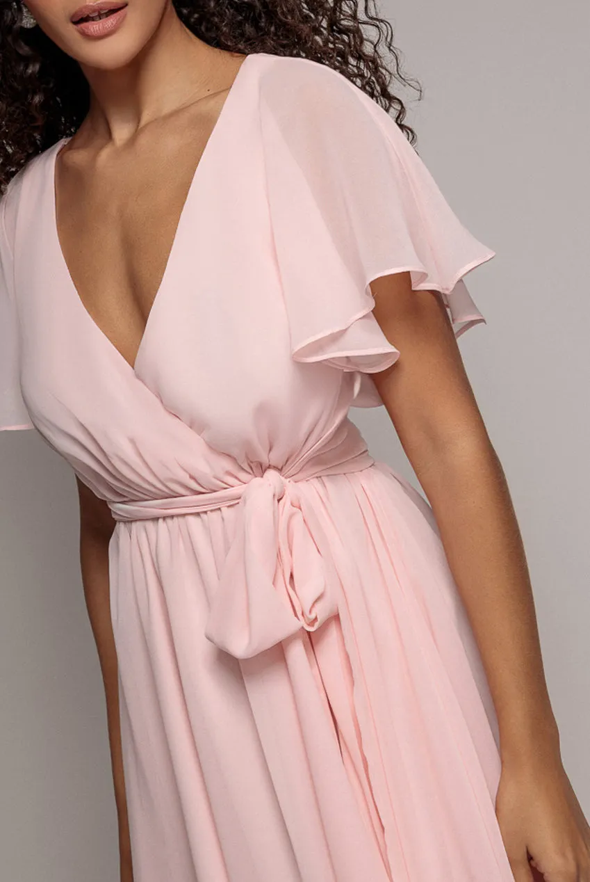Flutter Sleeve Wrap Mini Dress With Elasticated Waist - Soft Pink by Goddiva sold by Goddiva product image thumbnail 4