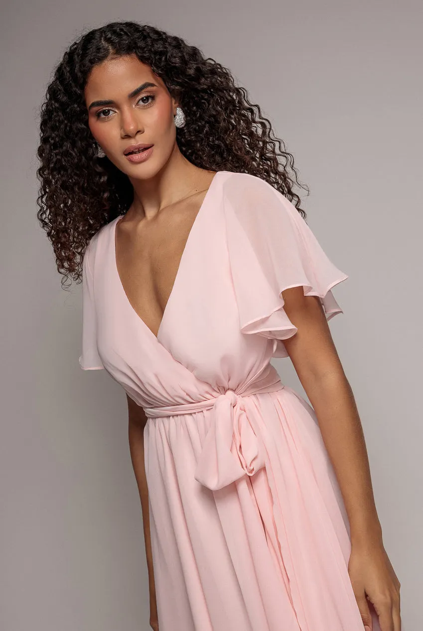 Flutter Sleeve Wrap Mini Dress With Elasticated Waist - Soft Pink by Goddiva sold by Goddiva product image thumbnail 3