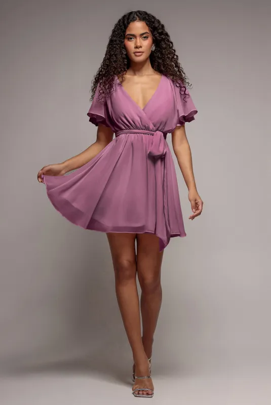Flutter Sleeve Wrap Mini Dress With Elasticated Waist - Lavender by Goddiva made by Goddiva