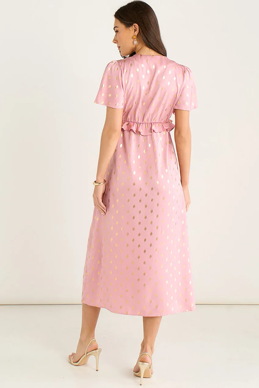 Blush Metallic Foil V Neck Midi Dress by Gini London sold by Goddiva product image thumbnail 2