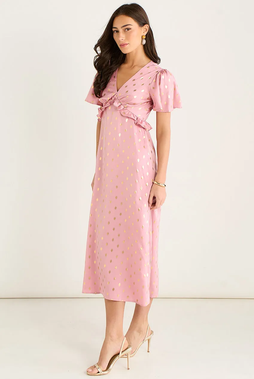Blush Metallic Foil V Neck Midi Dress by Gini London sold by Goddiva product image thumbnail 3