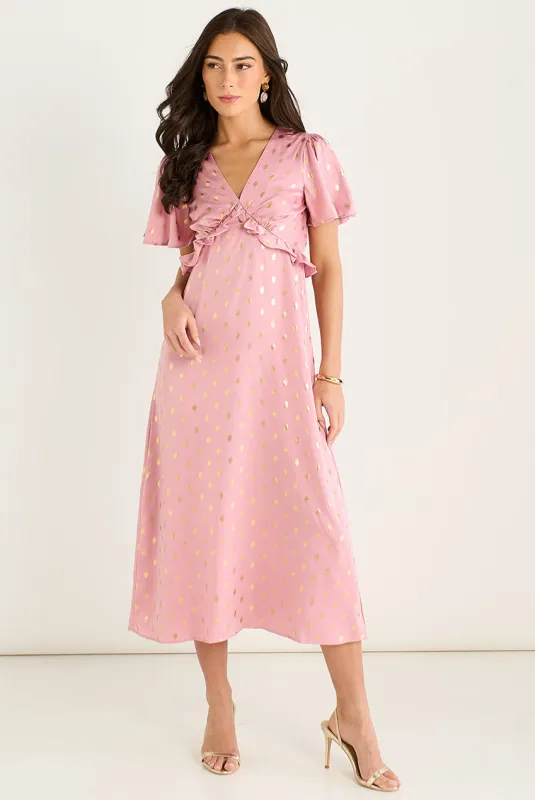 Blush Metallic Foil V Neck Midi Dress by Gini London made by Goddiva