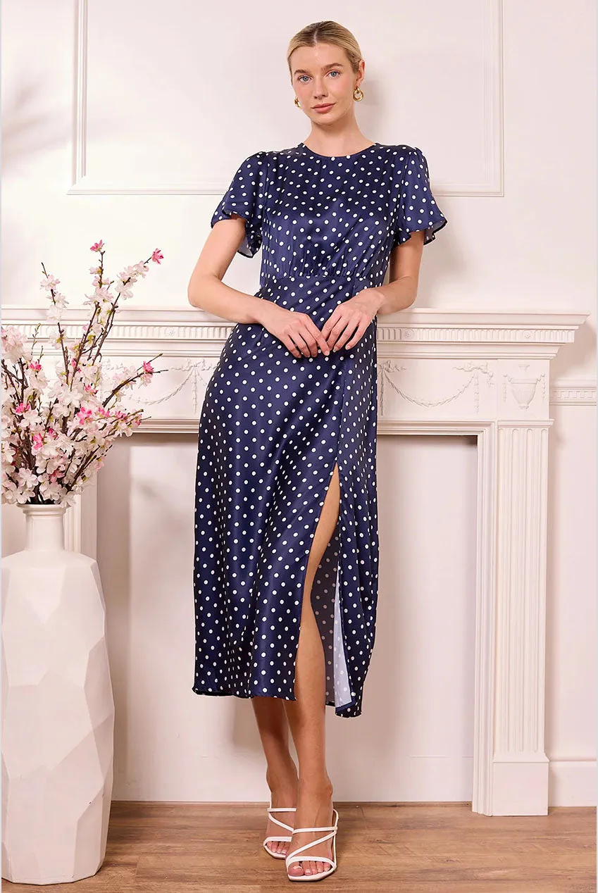 Navy Satin Polka Dot Midi Dress by Angeleye sold by Goddiva product image thumbnail 4