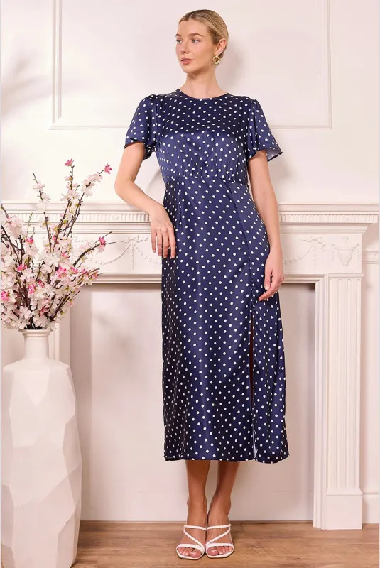 Navy Satin Polka Dot Midi Dress by Angeleye made by Goddiva