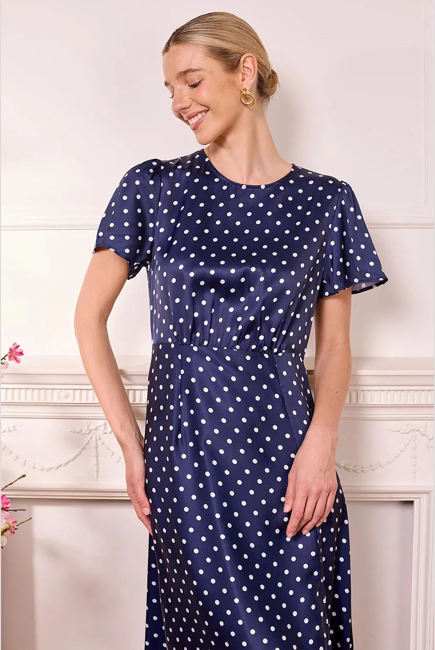 Navy Satin Polka Dot Midi Dress by Angeleye sold by Goddiva product image thumbnail 5