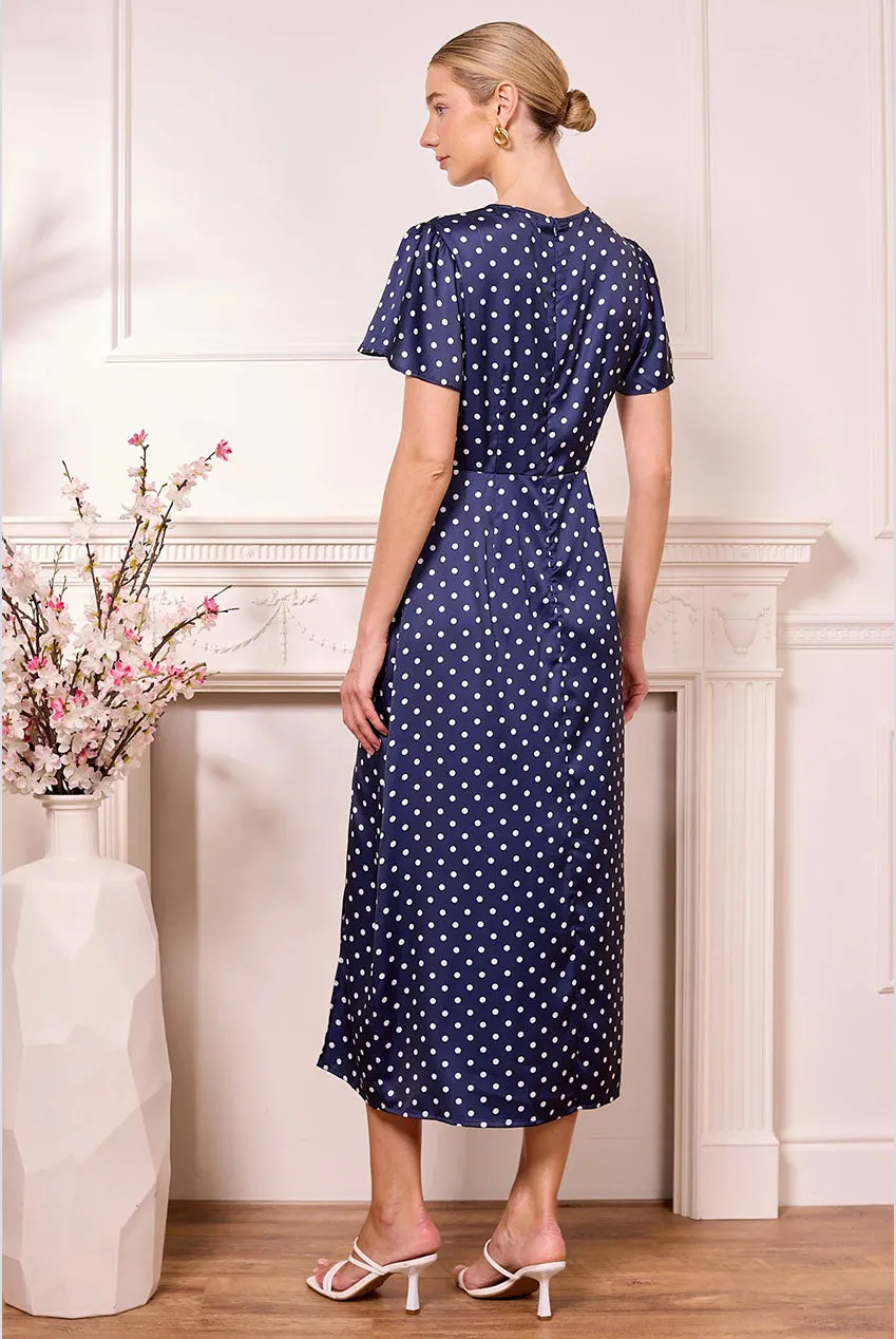 Navy Satin Polka Dot Midi Dress by Angeleye sold by Goddiva product image thumbnail 2