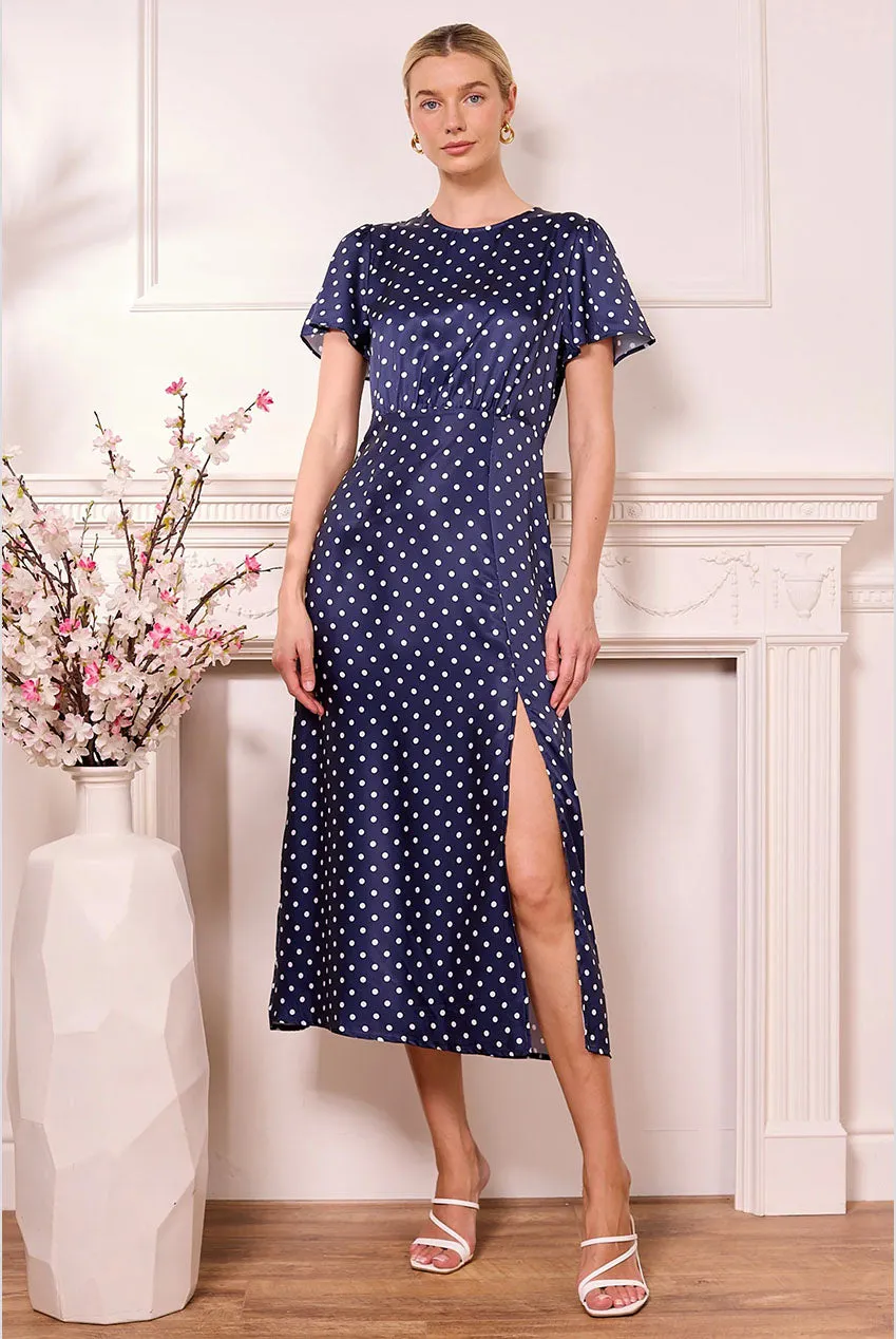 Navy Satin Polka Dot Midi Dress by Angeleye sold by Goddiva product image thumbnail 3