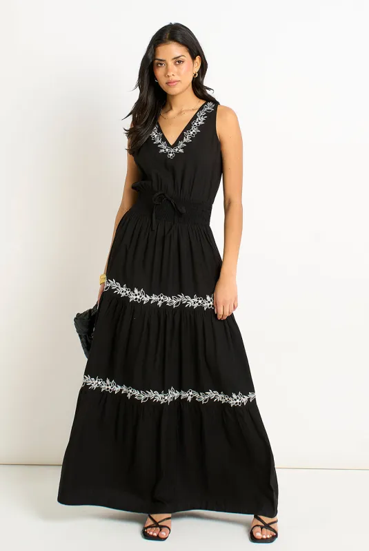 Black Floral Embroidery Tiered Maxi Dress by Gini London made by Goddiva