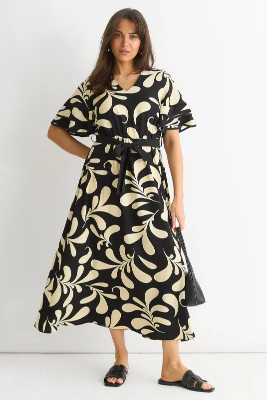 Floral V Neck Elasticated Waist Midi Dress by Gini London made by Goddiva