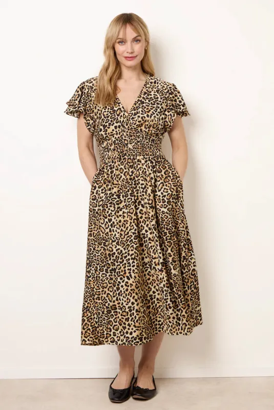 Animal Double Frill Shirred Waist Midi Dress by Blue Vanilla made by Blue Vanilla