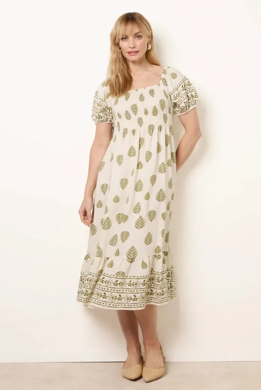 Square Neck Puff Sleeve Shirred Border Midi Dress by Blue Vanilla made by Blue Vanilla