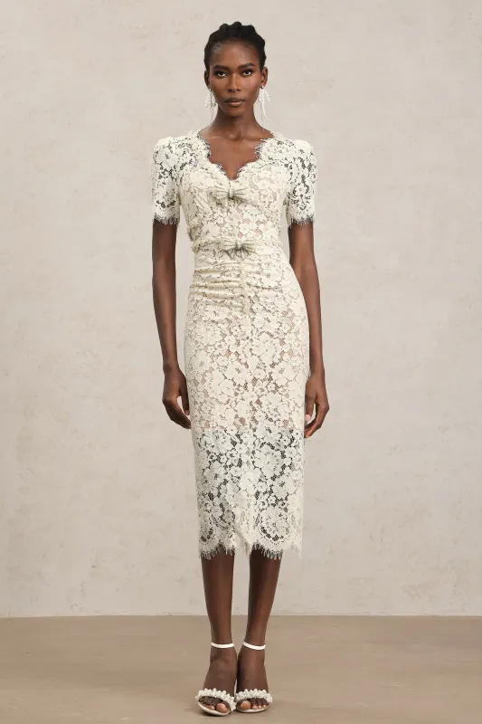 Maisie V-Neck Short Sleeves Bowknot Lace Midi Dress by Bella Barnett made by Bella Barnett
