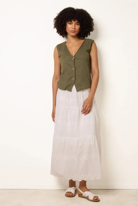 Embroidered Tiered Maxi Skirt by Blue Vanilla made by Blue Vanilla