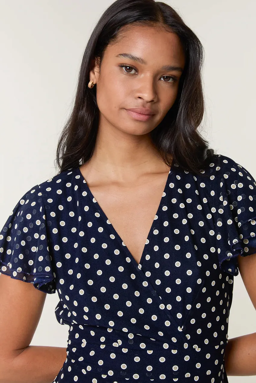 Polka Dot Mesh Frill Sleeve Wrap Dress With Tie Waist by Blue Vanilla sold by Goddiva product image thumbnail 4