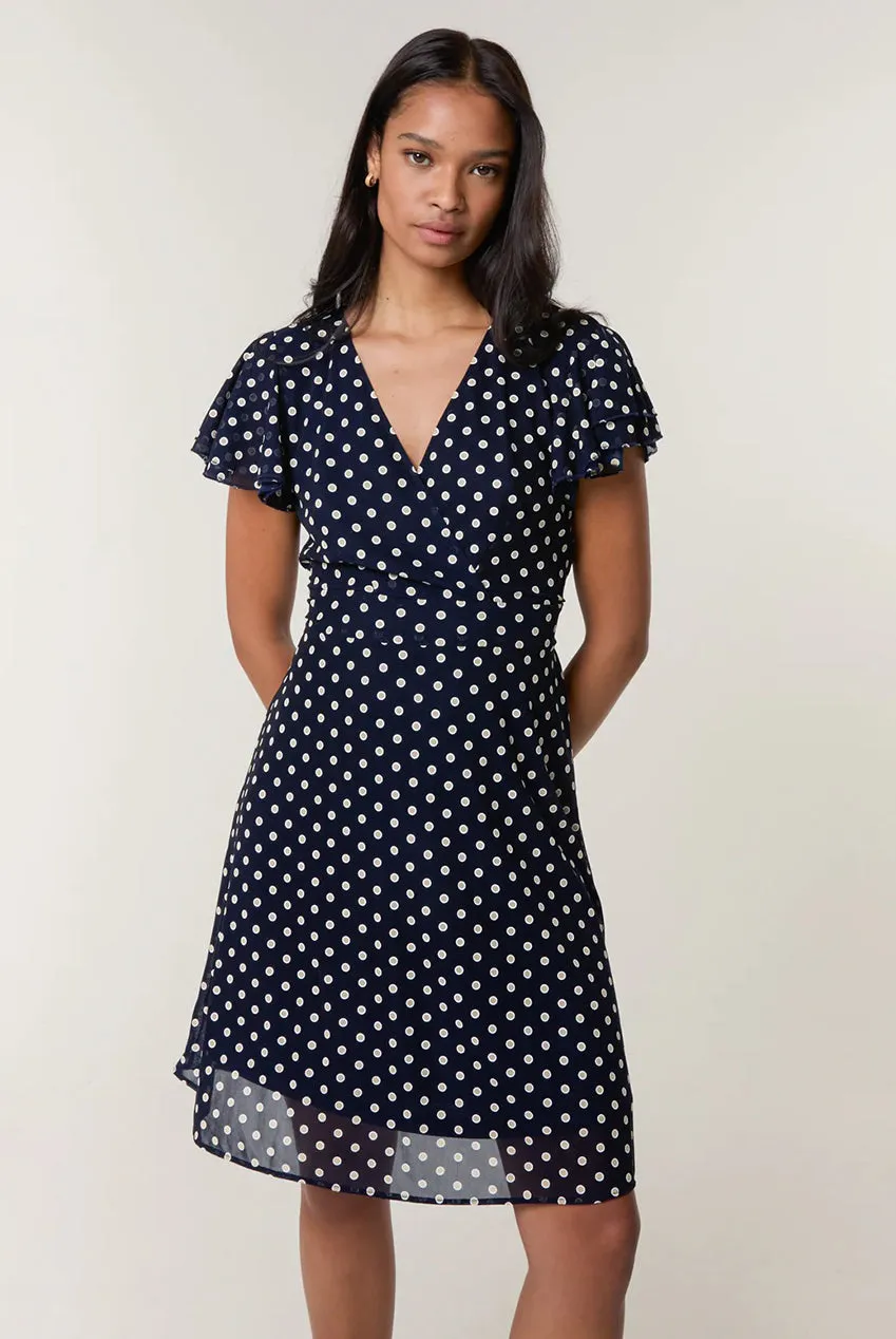 Polka Dot Mesh Frill Sleeve Wrap Dress With Tie Waist by Blue Vanilla sold by Goddiva