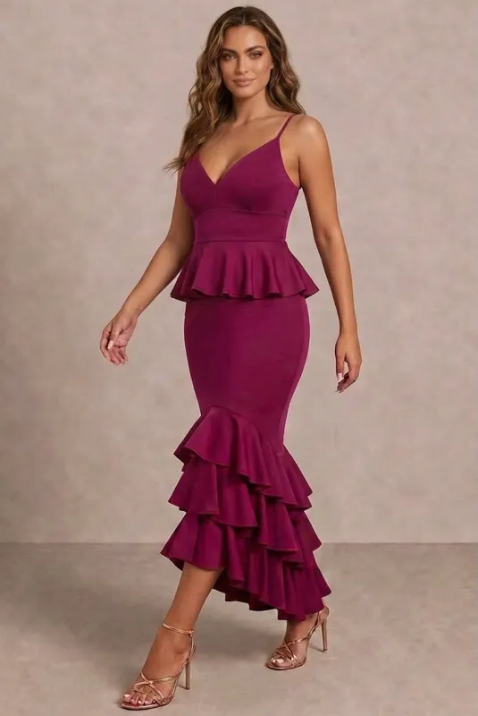 Cami Strap Ruffle Detail Bodycon Midi Dress In Berry by Chi Chi London made by Chi Chi London