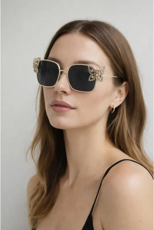 Square Oversized Diamante Detail Sunglasses In Black by SVNX made by Goddiva