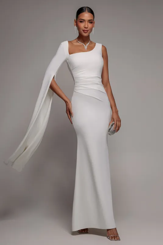 One Shoulder Cape Sleeve Maxi Dress - White by Goddiva made by Goddiva