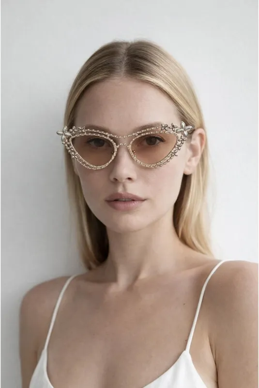 Diamante Cat Eye Sunglasses In Champagne by SVNX made by Goddiva