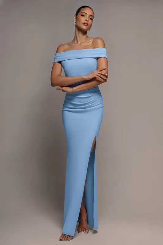 Off The Shoulder Maxi Dress With Split - Powder Blue by Goddiva made by Goddiva