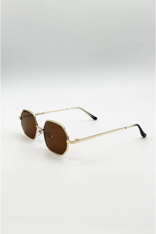 Oval Geometric Metal Frame Sunglasses In Gold Brown by SVNX made by Goddiva