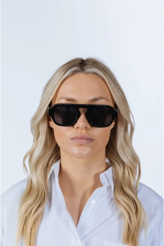 Retro Ribbed Navigator Sunglasses In Black by SVNX made by Goddiva