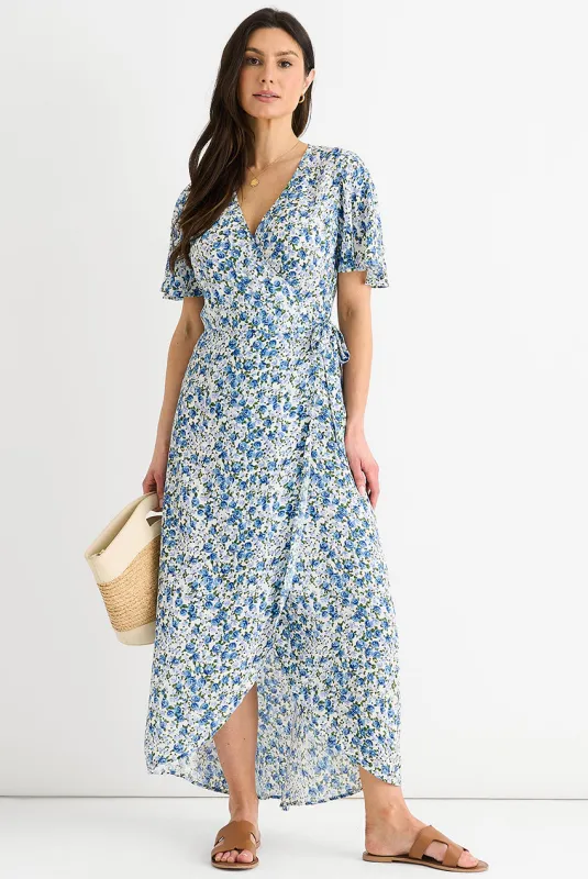 Blue Floral Wrap Midi Dress by Gini London made by Goddiva