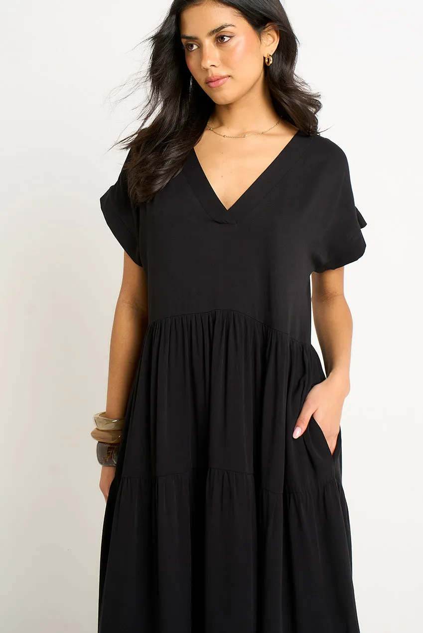 Black V Neck Pocket Smock Midi Dress by Gini London sold by Goddiva product image thumbnail 4