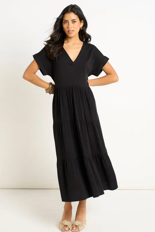 Black V Neck Pocket Smock Midi Dress by Gini London made by Goddiva
