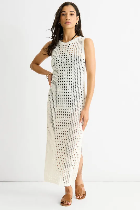 White Crochet Knit Bodycon Midi Dress by Gini London made by Goddiva