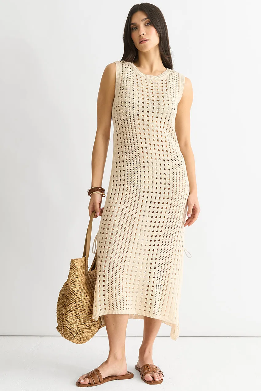 Beige Crochet Knit Bodycon Midi Dress by Gini London sold by Goddiva