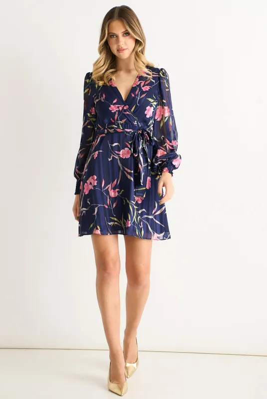 Navy Floral Print Shimmer Stripe Chiffon Wrap Mini Dress by Gini London made by Goddiva