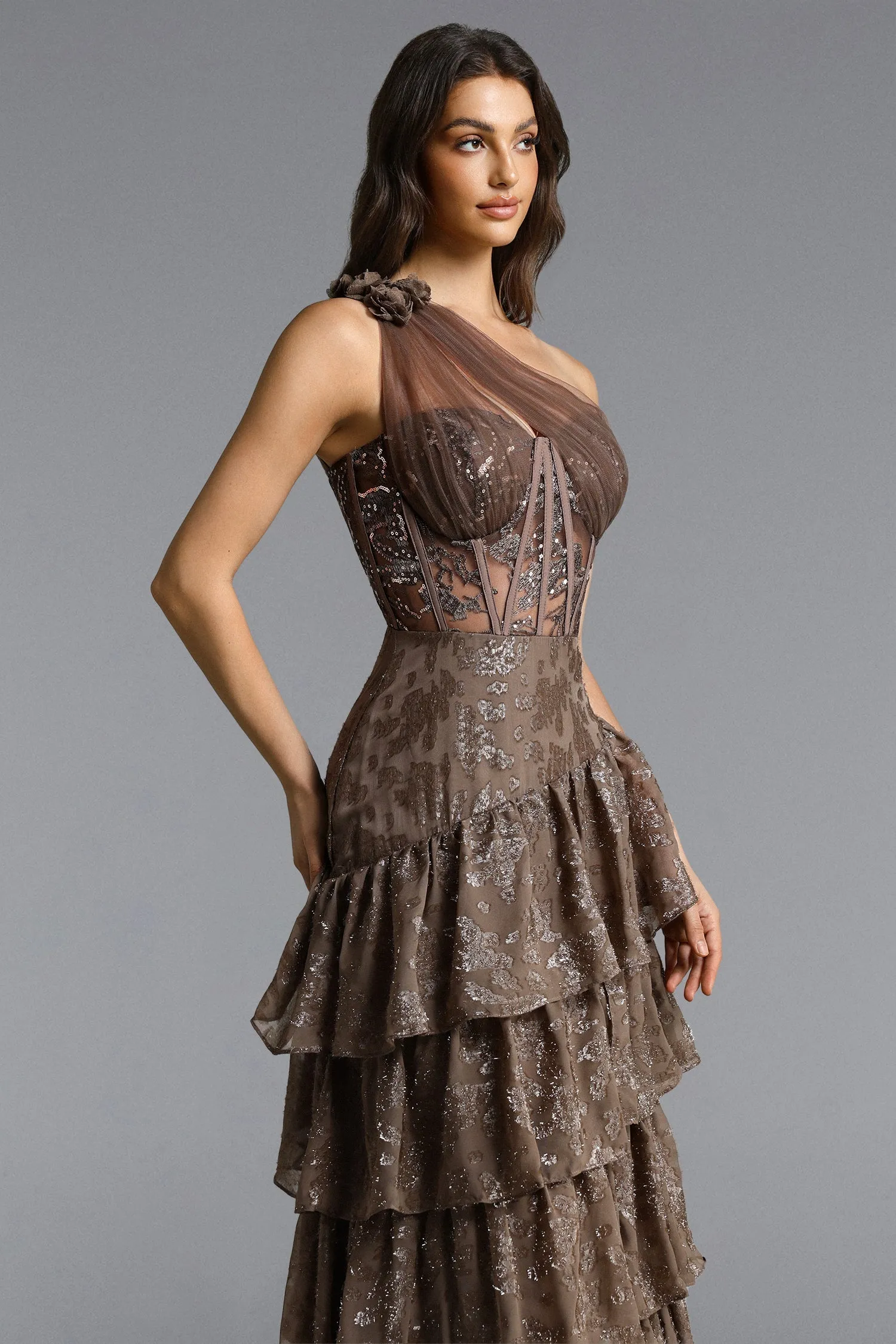 Hedar Romantic Tailored One Shoulder Cut Out Ruffle Embellished Sequin Maxi Dress by Bella Barnett sold by Goddiva product image thumbnail 5