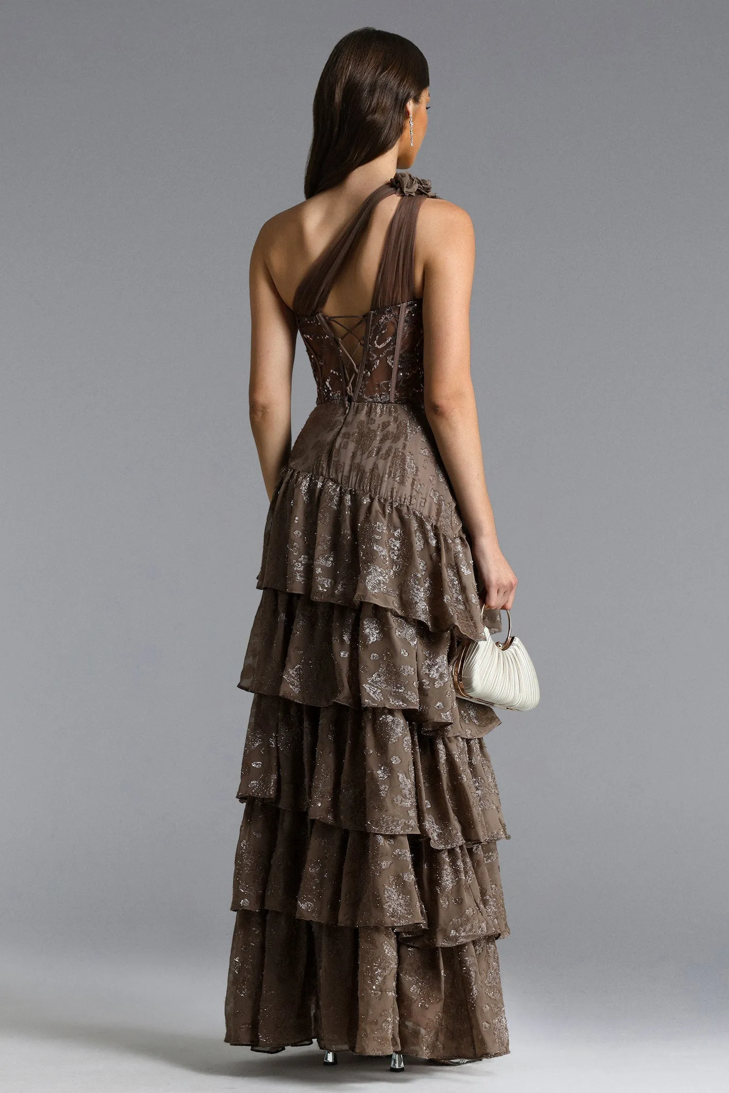 Hedar Romantic Tailored One Shoulder Cut Out Ruffle Embellished Sequin Maxi Dress by Bella Barnett sold by Goddiva product image thumbnail 2
