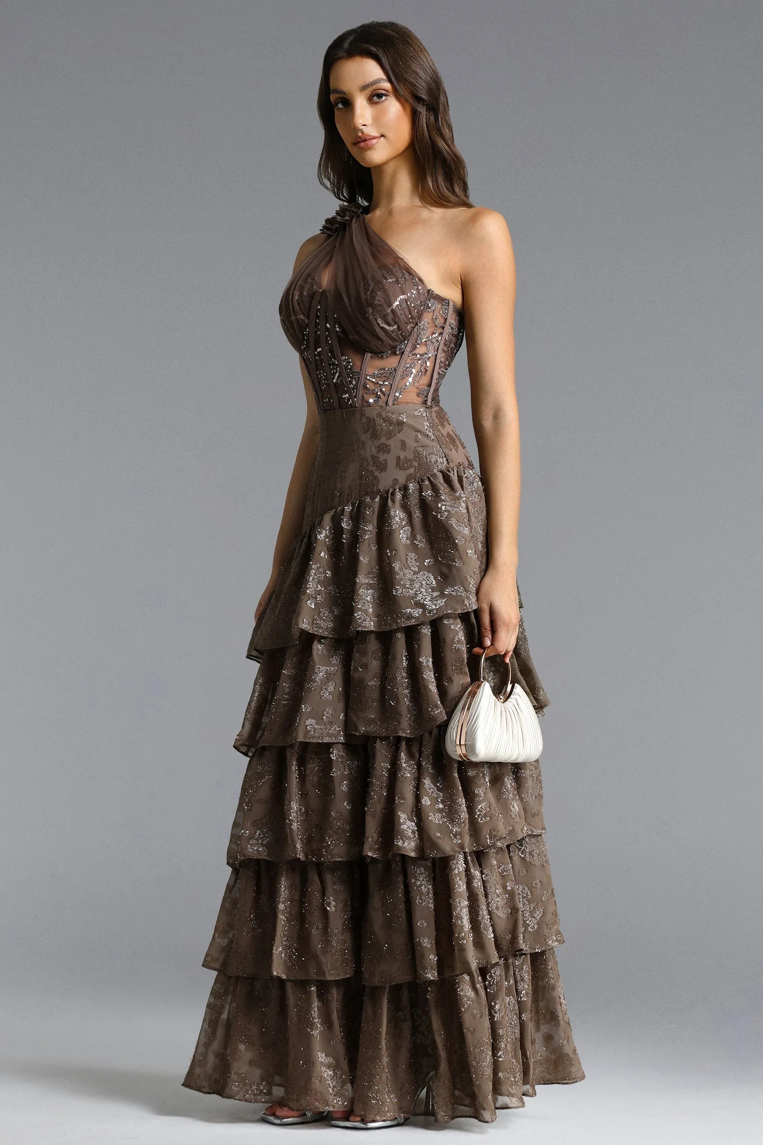 Hedar Romantic Tailored One Shoulder Cut Out Ruffle Embellished Sequin Maxi Dress by Bella Barnett sold by Goddiva product image thumbnail 3