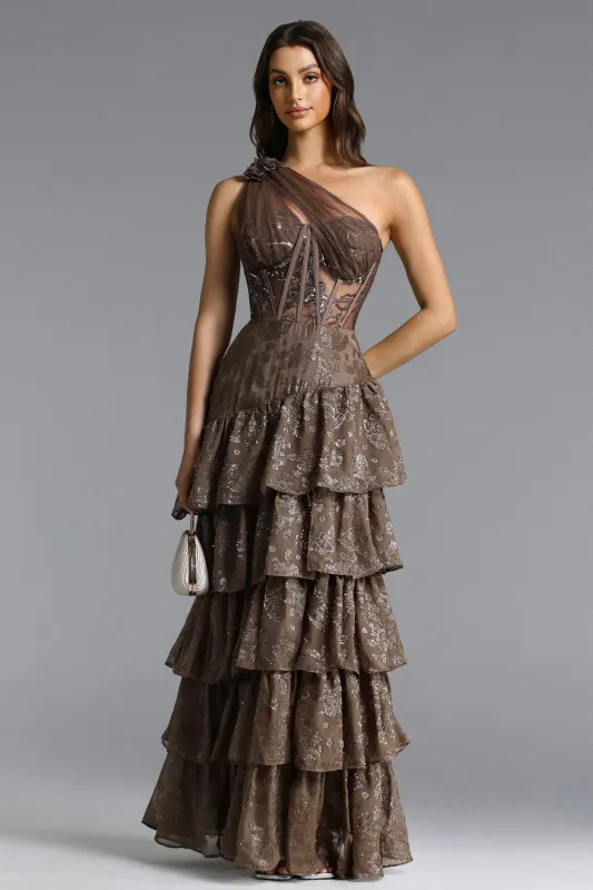 Hedar Romantic Tailored One Shoulder Cut Out Ruffle Embellished Sequin Maxi Dress by Bella Barnett made by Bella Barnett