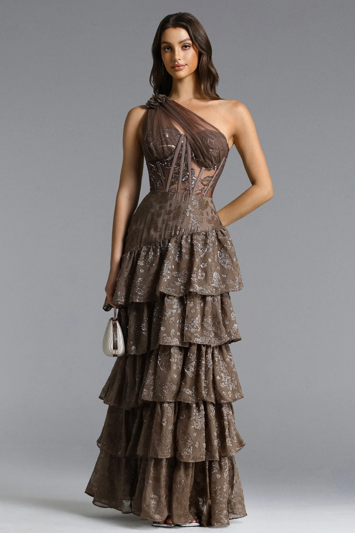 Hedar Romantic Tailored One Shoulder Cut Out Ruffle Embellished Sequin Maxi Dress by Bella Barnett sold by Goddiva