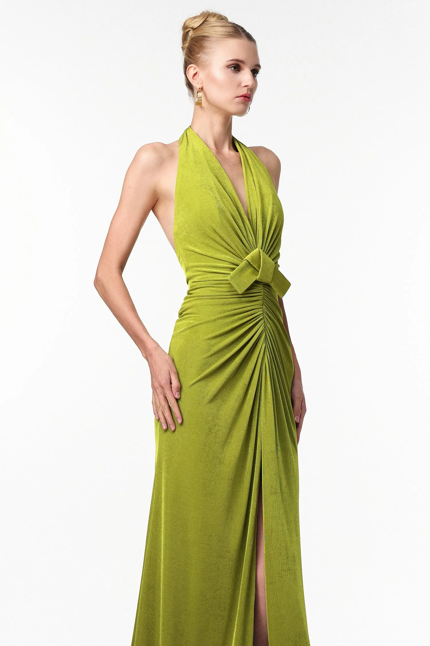 Jalila Sexy Contour V Neck Ruched Knot Slit Knit Maxi Dress by Bella Barnett sold by Goddiva product image thumbnail 5