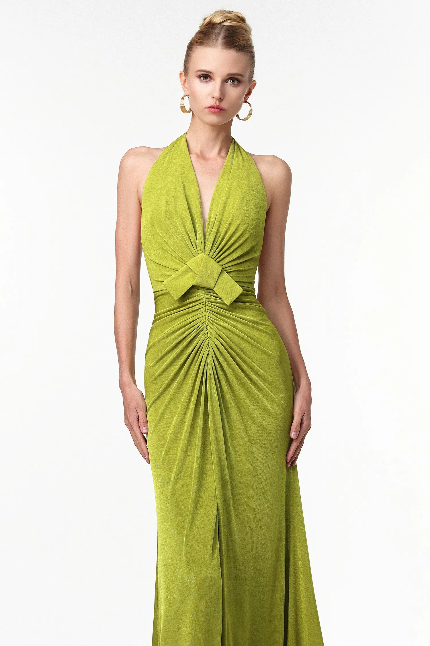 Jalila Sexy Contour V Neck Ruched Knot Slit Knit Maxi Dress by Bella Barnett sold by Goddiva product image thumbnail 4