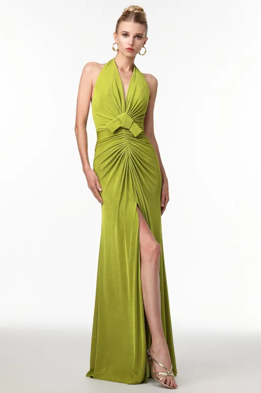 Jalila Sexy Contour V Neck Ruched Knot Slit Knit Maxi Dress by Bella Barnett made by Bella Barnett