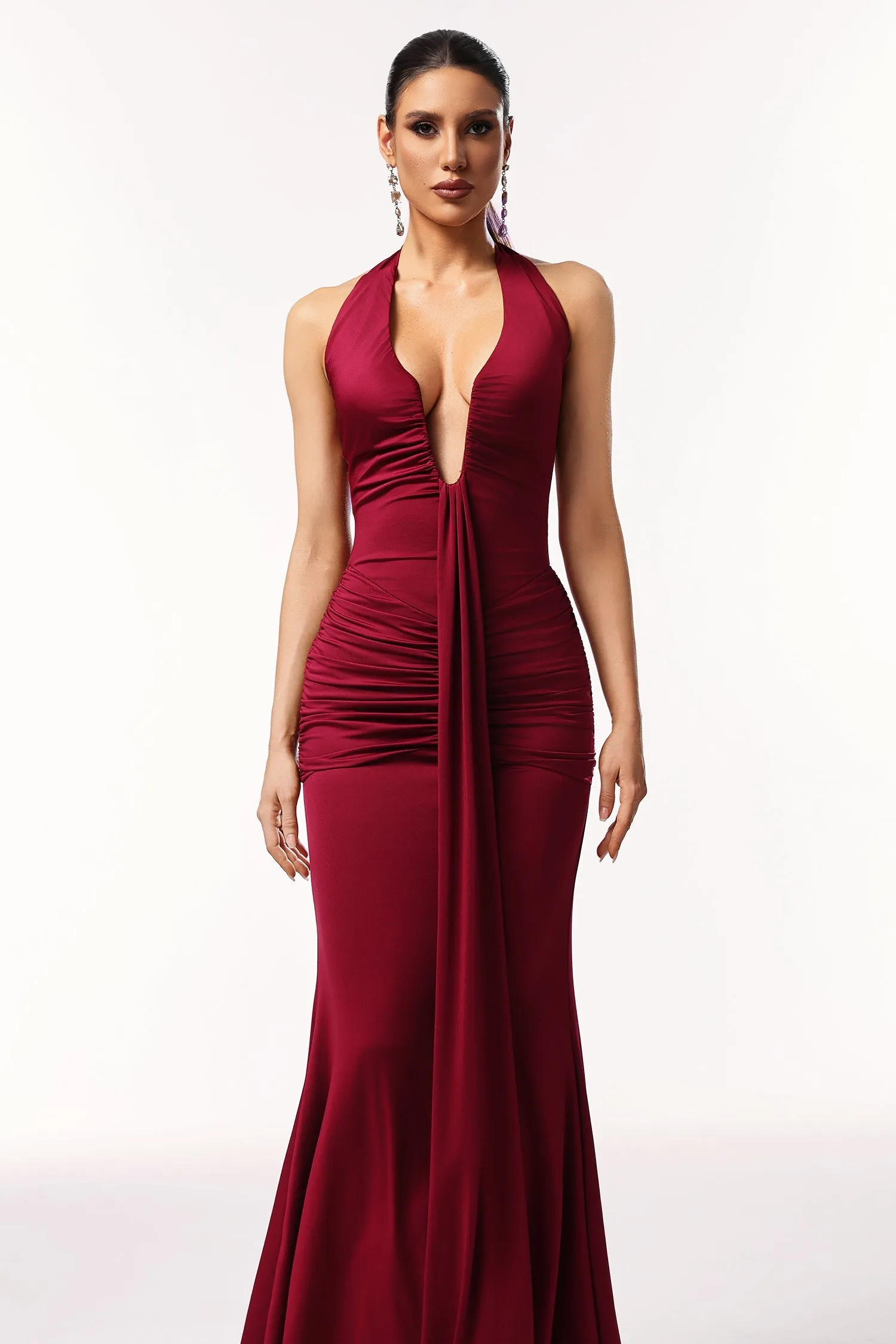 Elsie Halter Sleeveless V-Neck Wrinkles Maxi Dress by Bella Barnett sold by Goddiva product image thumbnail 4