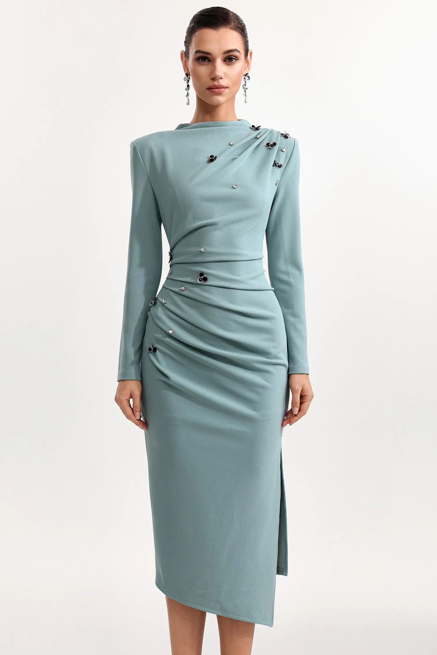 Nina Elegant Cinched Waist Long Sleeve Sequin Floral Pleated Knit Midi Dress by Bella Barnett sold by Goddiva product image thumbnail 4