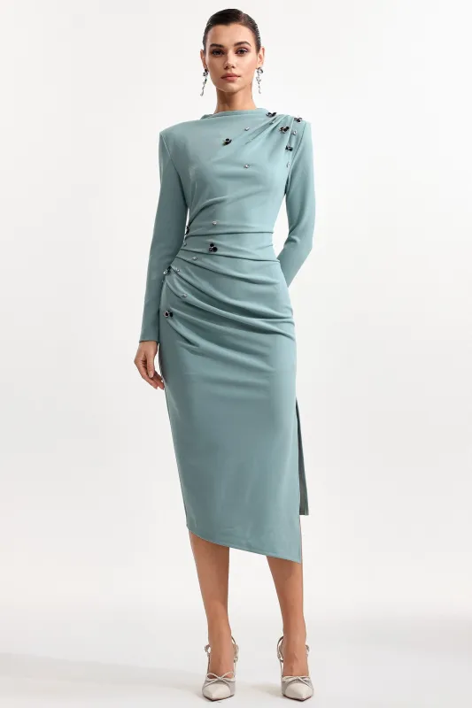 Nina Elegant Cinched Waist Long Sleeve Sequin Floral Pleated Knit Midi Dress by Bella Barnett made by Bella Barnett