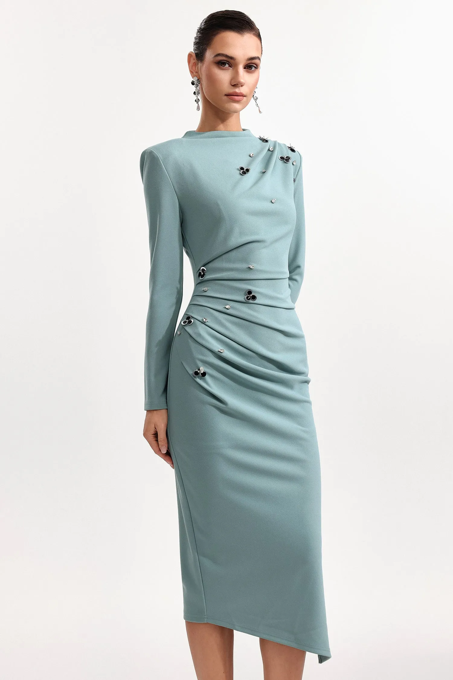 Nina Elegant Cinched Waist Long Sleeve Sequin Floral Pleated Knit Midi Dress by Bella Barnett sold by Goddiva product image thumbnail 5