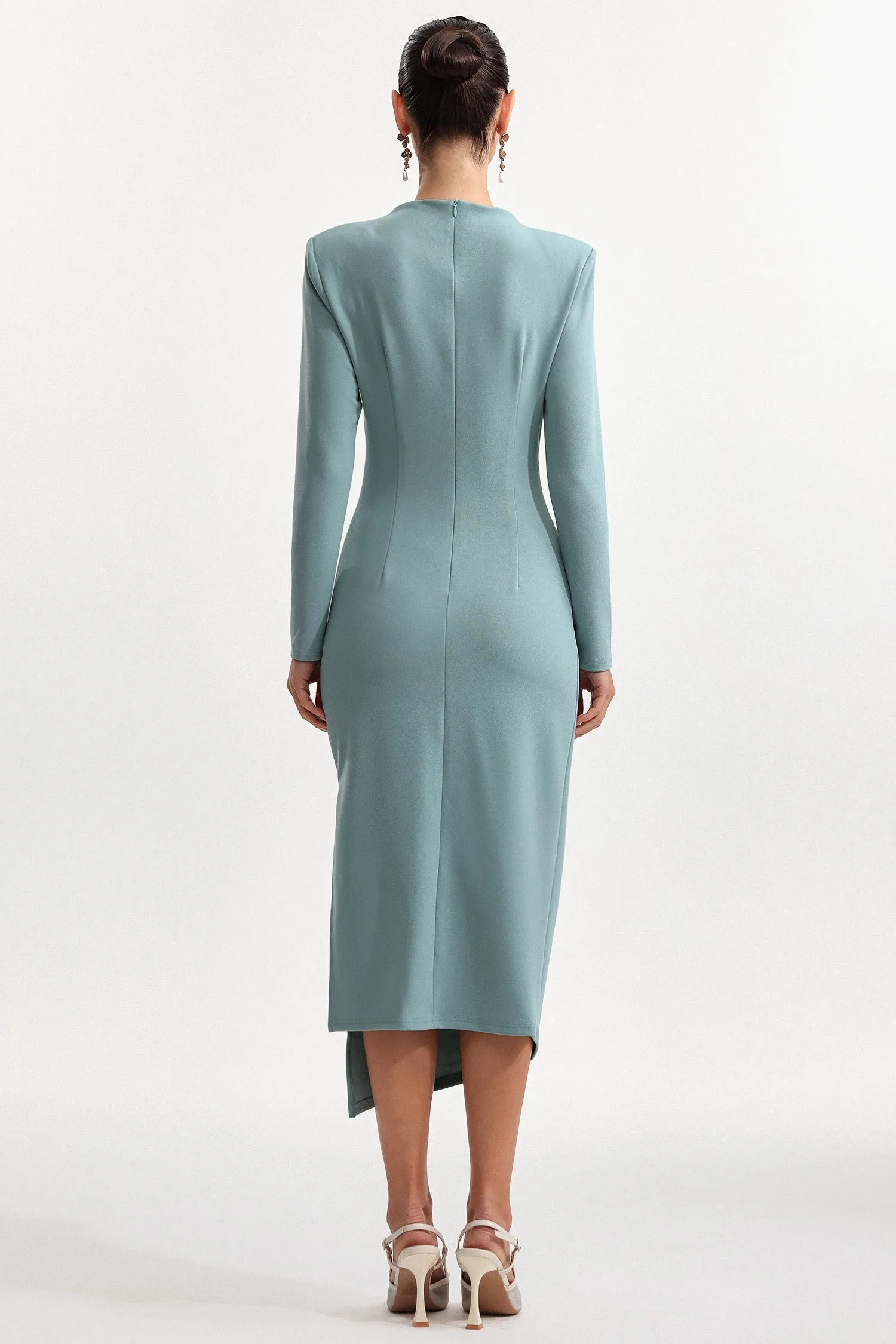 Nina Elegant Cinched Waist Long Sleeve Sequin Floral Pleated Knit Midi Dress by Bella Barnett sold by Goddiva product image thumbnail 2