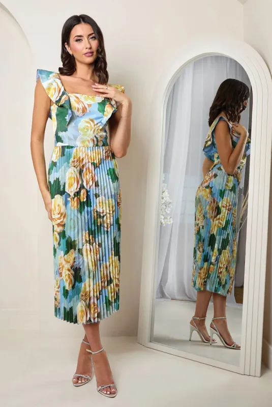 Floral Print Ruffle Pleated Midi Dress In Blue by Chi Chi London made by Chi Chi London
