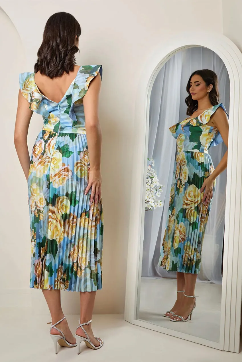 Floral Print Ruffle Pleated Midi Dress In Blue by Chi Chi London sold by Goddiva product image thumbnail 2