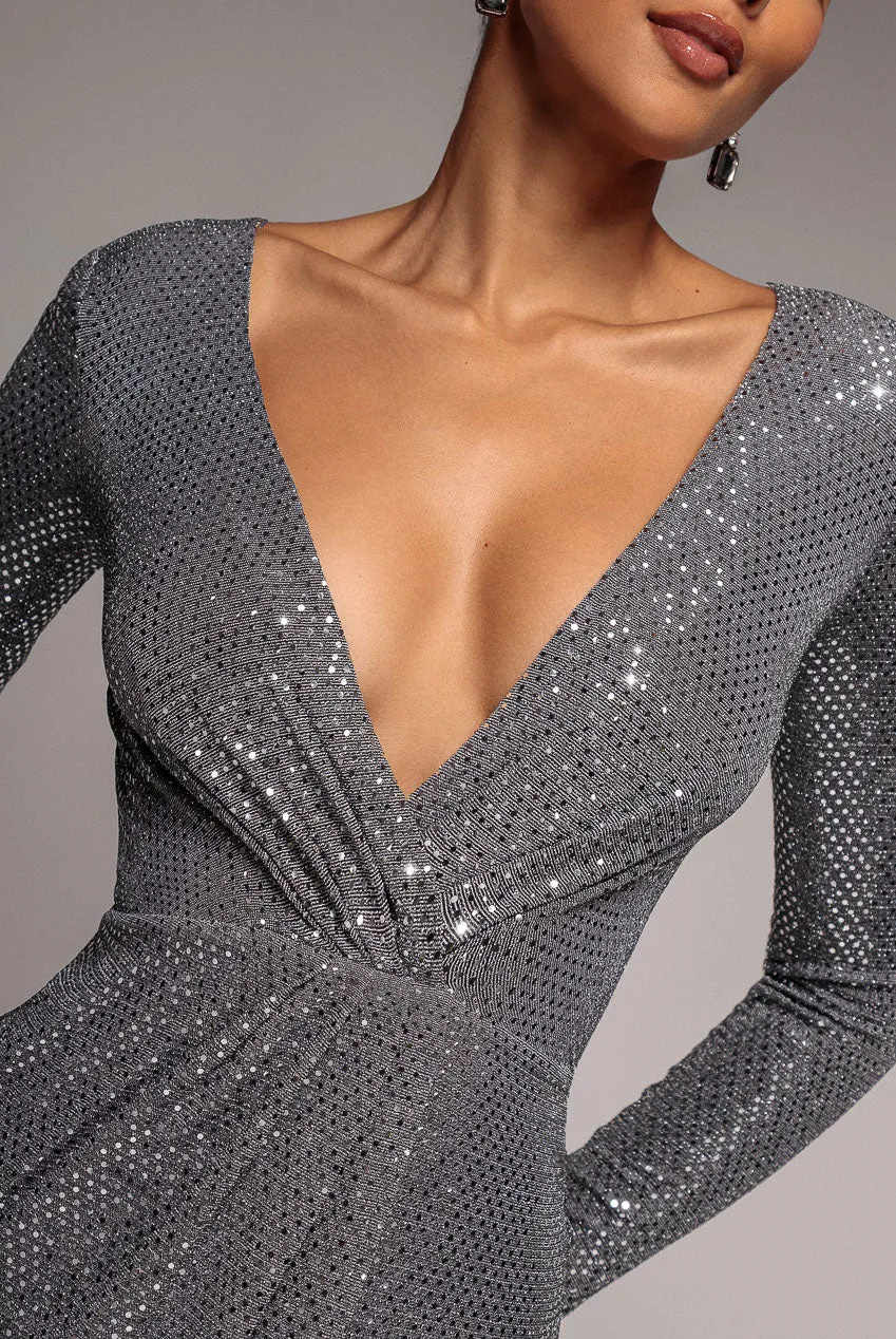 Sequined Lurex Long Sleeve Wrap Midi Dress - Silver by Goddiva sold by Goddiva product image thumbnail 4
