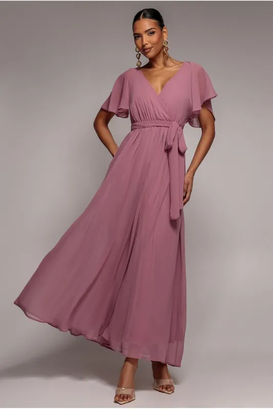 Sustainable Chiffon Flutter Sleeve Wrap Maxi Dress - Lavender by Goddiva made by Goddiva