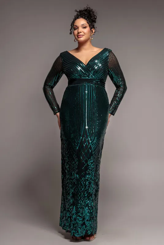 Long Sleeve Sequin V Wrap Maxi Dress - Emerald Green by Goddiva Plus made by Goddiva